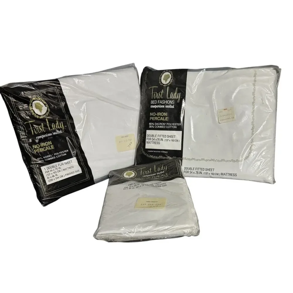 VTG First Lady No Iron Percale Double Bed Sheet‎ Set Fitted Flat Pillowcases NEW